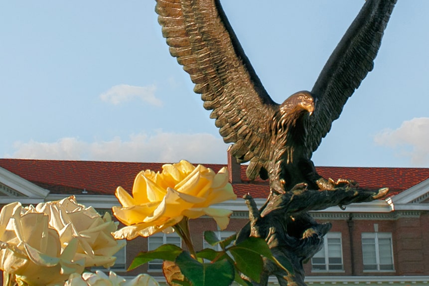 Roses in front of an eagle statue